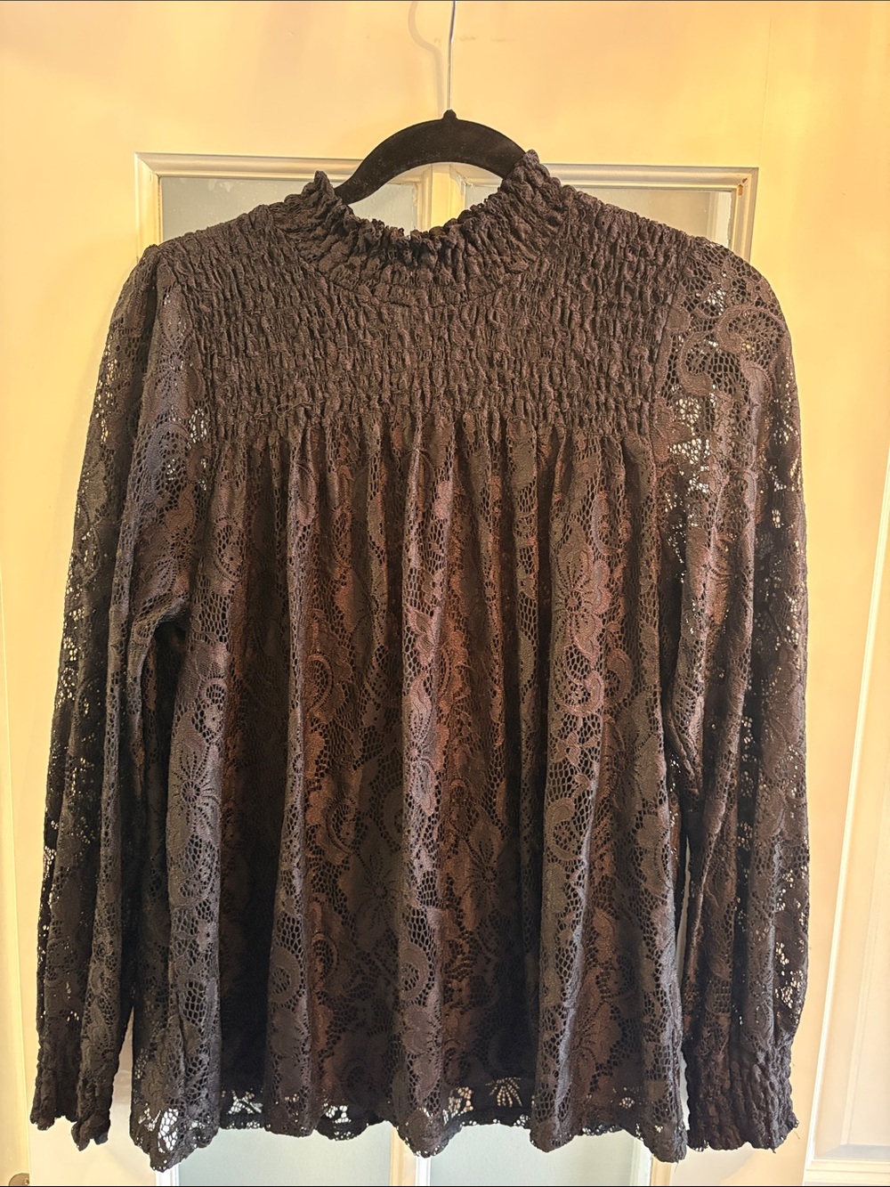 Womens Black Lace Smocked-Yoke Long Sleeve Top